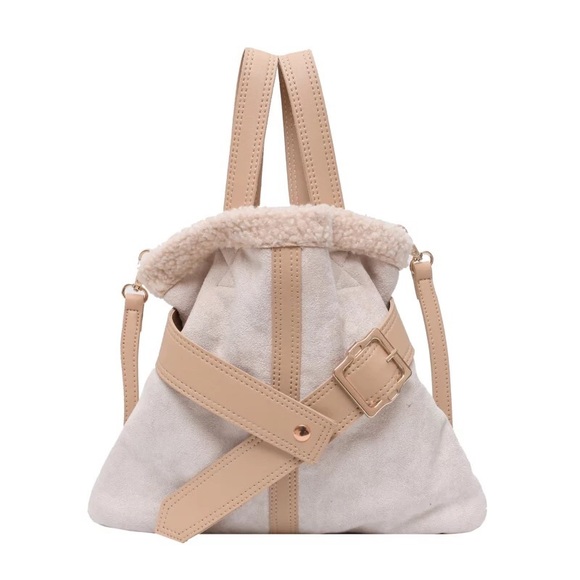 Bucket bag shoulder duo-style womens khaki cream belt magnet fuzzy soft leather - Picture 10 of 10